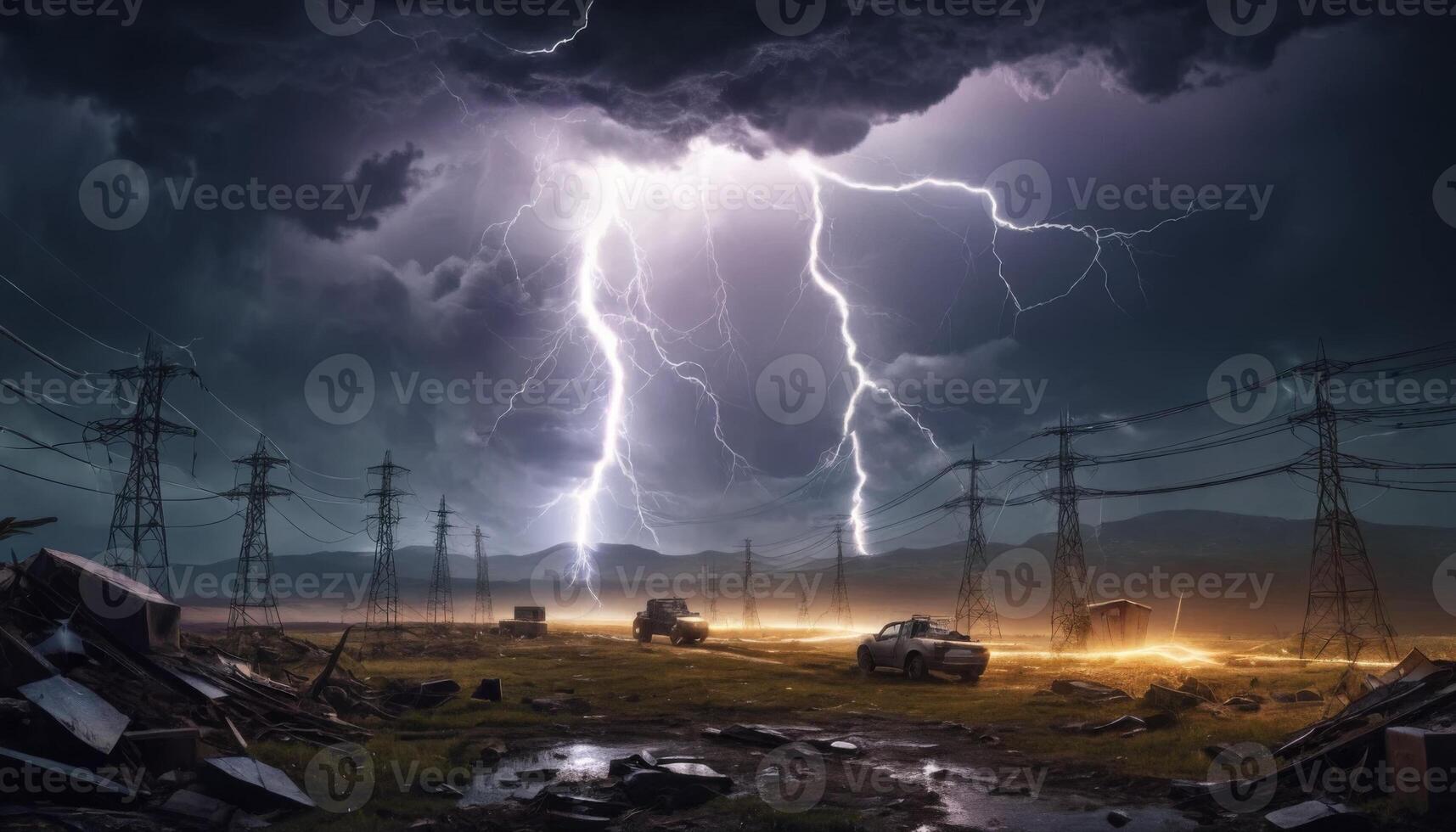 Dramatic Thunderstorm with Lightning Striking Power Lines in a Rural Landscape Under Dark Stormy Clouds photo