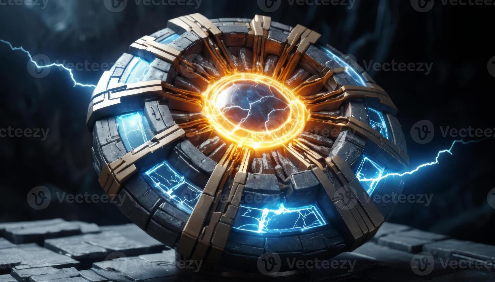 Futuristic Energy Sphere with Electric Sparks and Metallic Texture Surrounded by Dark Environment photo