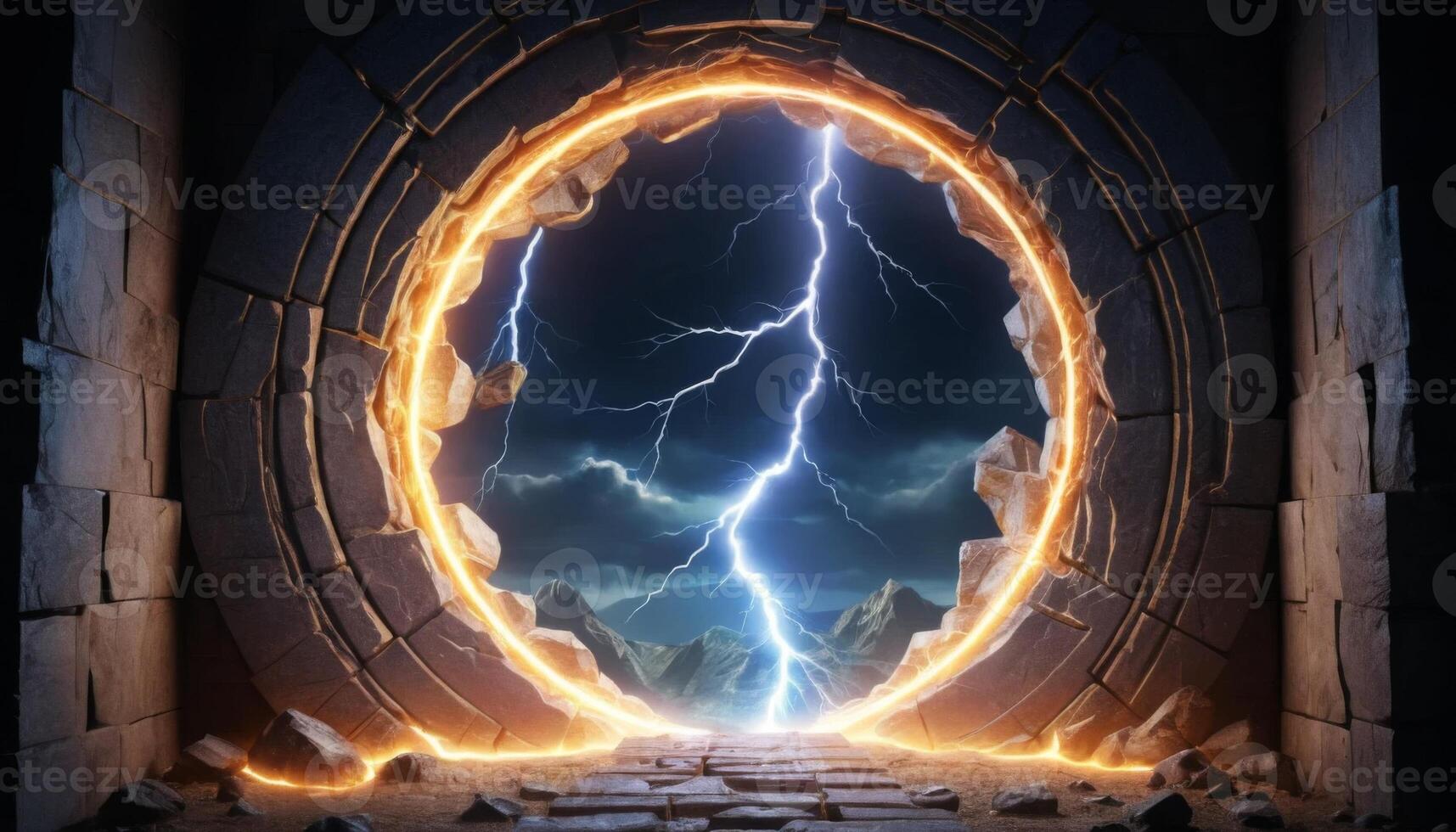 Majestic Portal with Lightning and Mountains, Evoking Mystery and Adventure in a Fantasy Landscape photo
