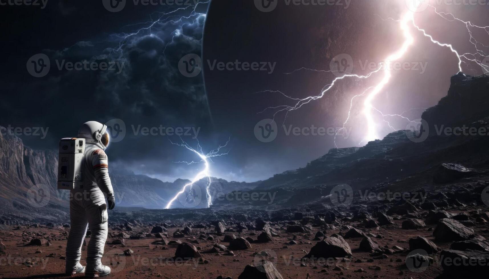 Astronaut gazing at a stormy alien landscape with lightning and dark clouds in a distant planet scene photo