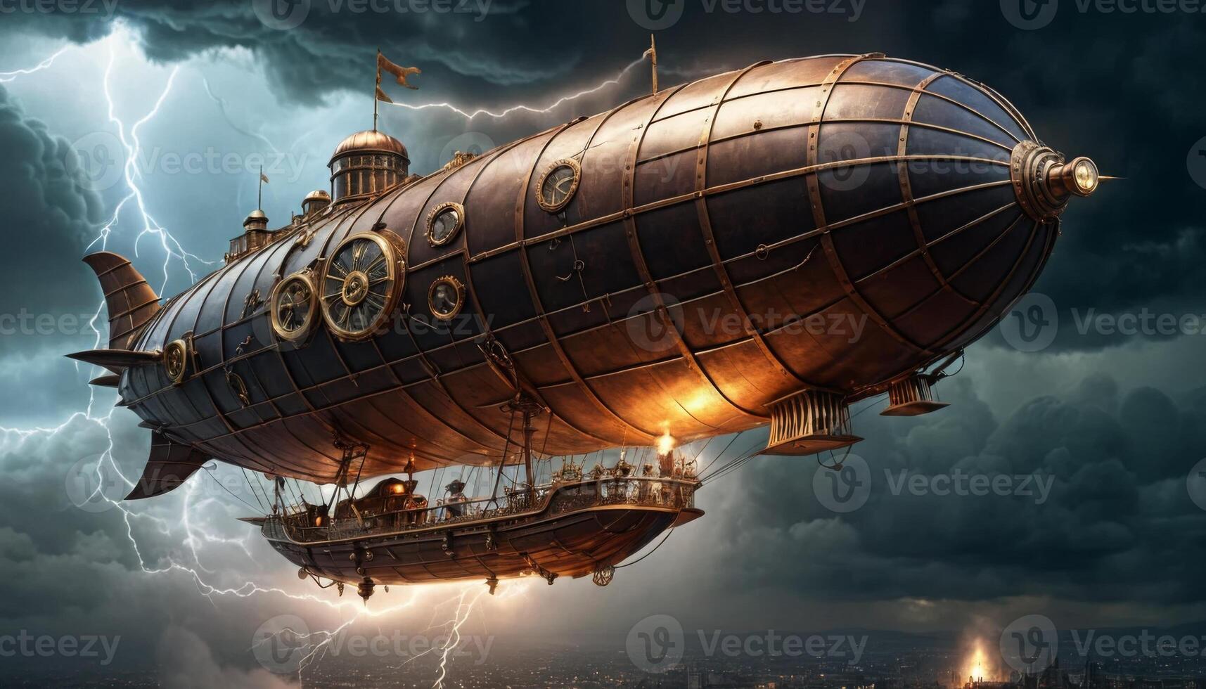 Majestic Victorian Steampunk Airship Navigating Stormy Skies with Lightning and Dramatic Clouds in a Fantasy Landscape photo