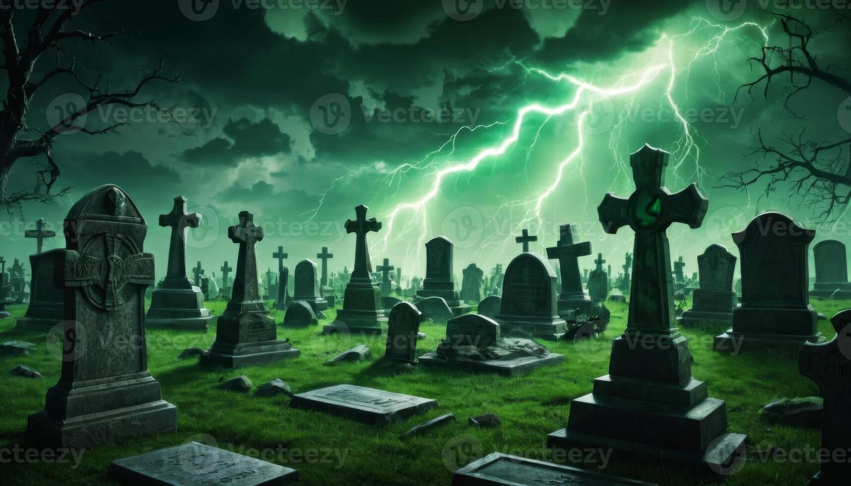 Eerie Graveyard Scene with Lightning Strikes in a Dark Atmosphere under Stormy Clouds at Night photo