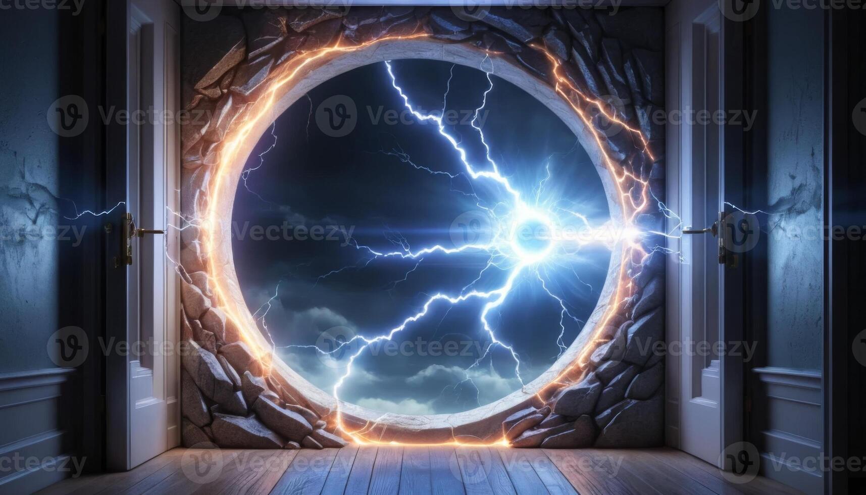 Mysterious portal with lightning and dramatic clouds in a 3D rendered room setting inviting adventure and imagination photo