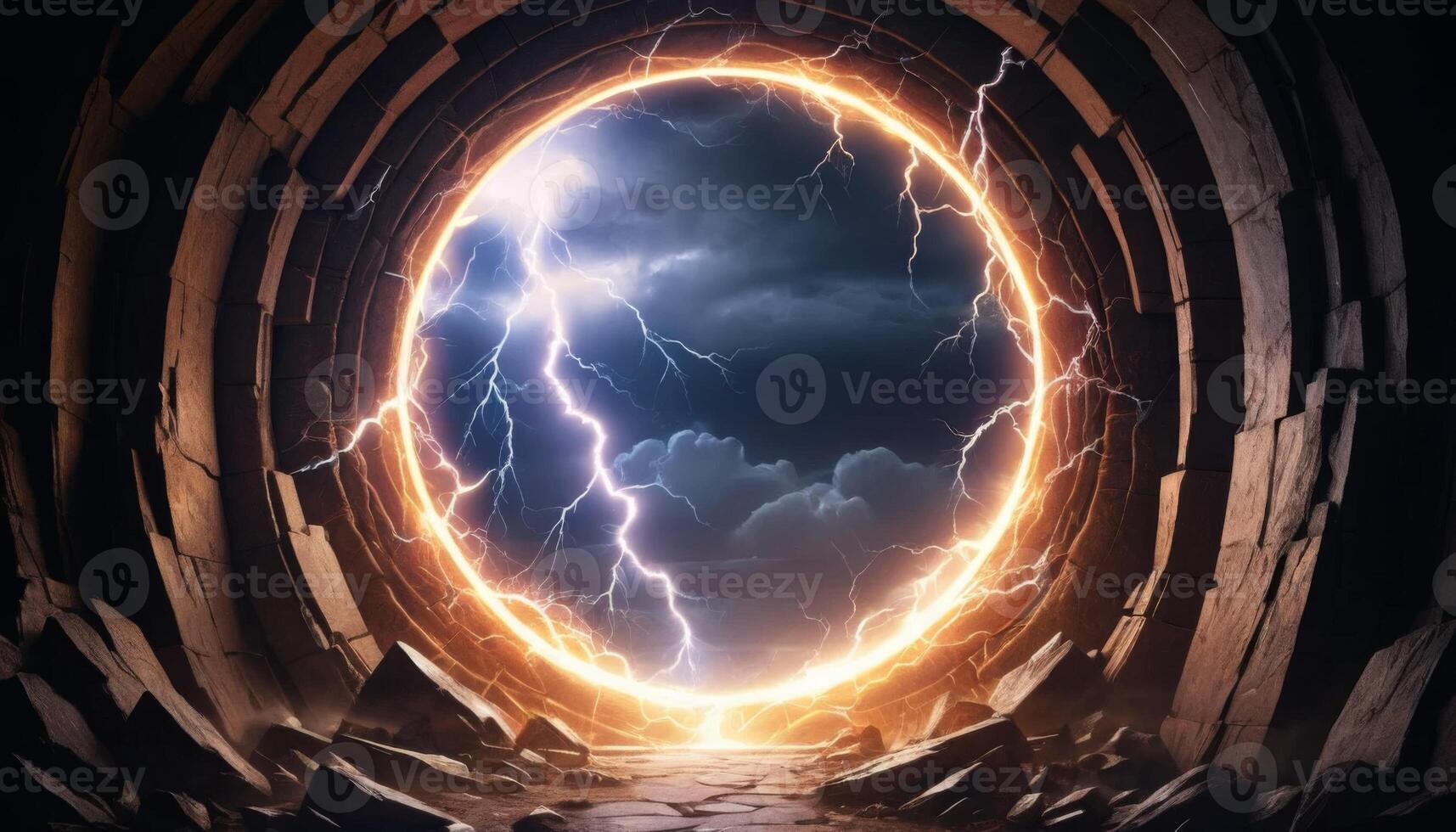 Dramatic Portal with Lightning and Stormy Sky Surrounded by Stone Architecture in Dark Atmosphere photo