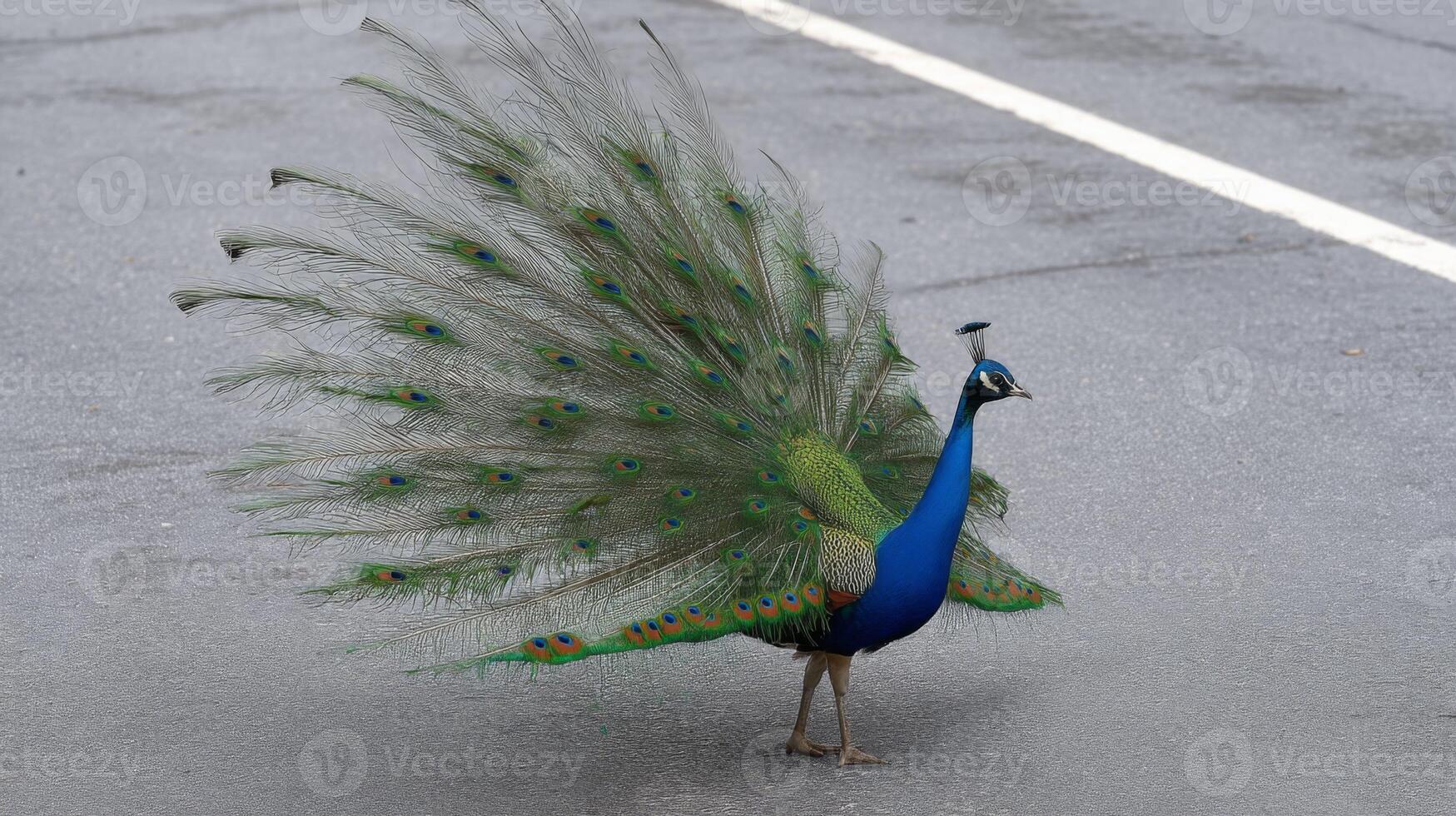 Vibrant Peacock Displaying Colorful Feathers on Urban Road Surrounded by Nature in Beautiful Daylight Setting photo
