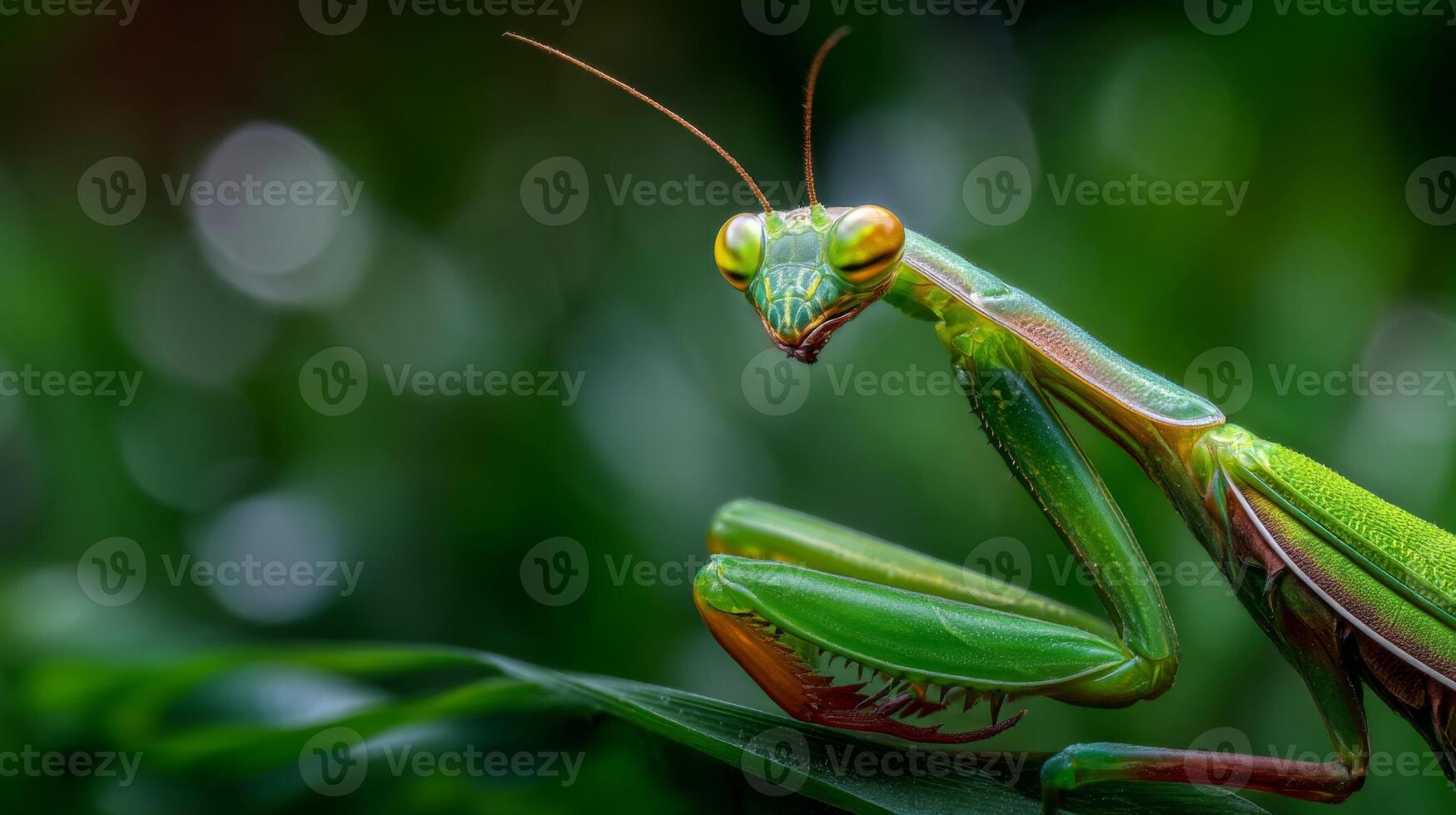 Colorful and Detailed Close-Up of Praying Mantis in Natural Green Environment with Soft Bokeh Background and Sharp Focus photo