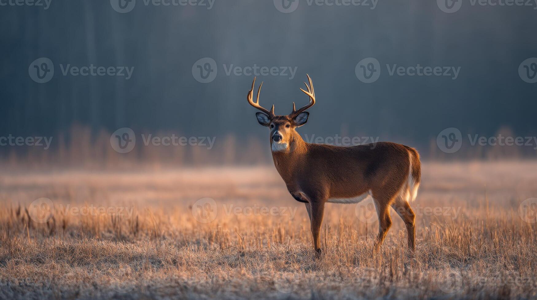 Majestic deer standing in a serene field during sunrise with gentle light illuminating its antlers and the surrounding landscape photo