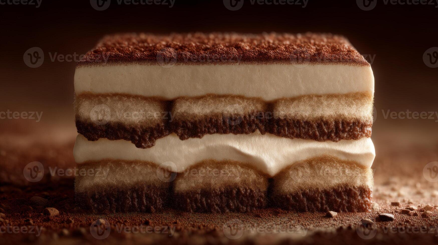 Layered dessert with creamy filling and cocoa powder on top, displayed against a dark and blurred background photo