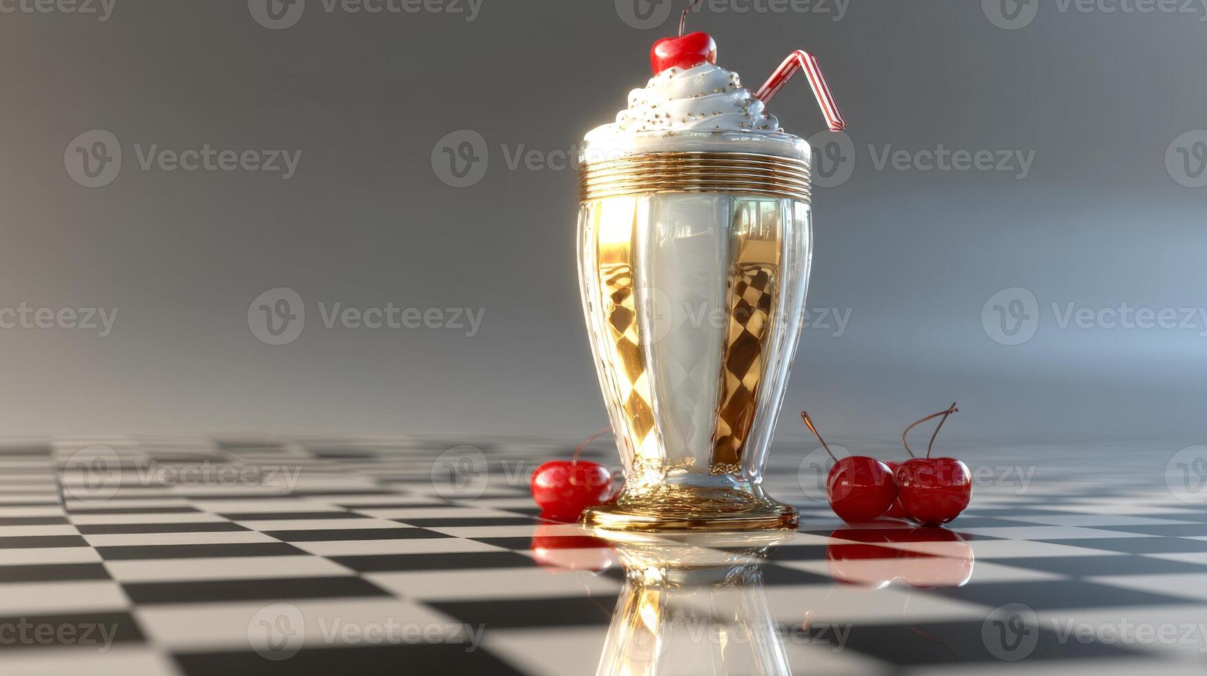 Elegant dessert glass filled with whipped cream, cherry, and vintage straw on a checkerboard surface, enticing visual appeal photo