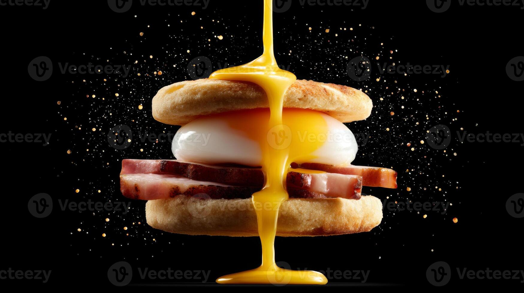 Breakfast Sandwich with Savory Bacon, Poached Egg, and Dripping Cheese Sauce against a Black Background photo