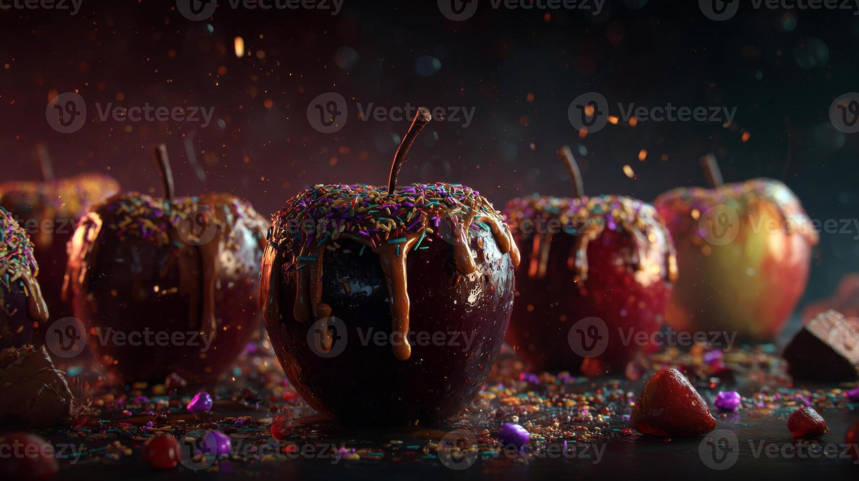 Sweet and Colorful Caramel Apples with Sprinkles on Dark Background, Perfect for Halloween and Autumn Celebrations photo
