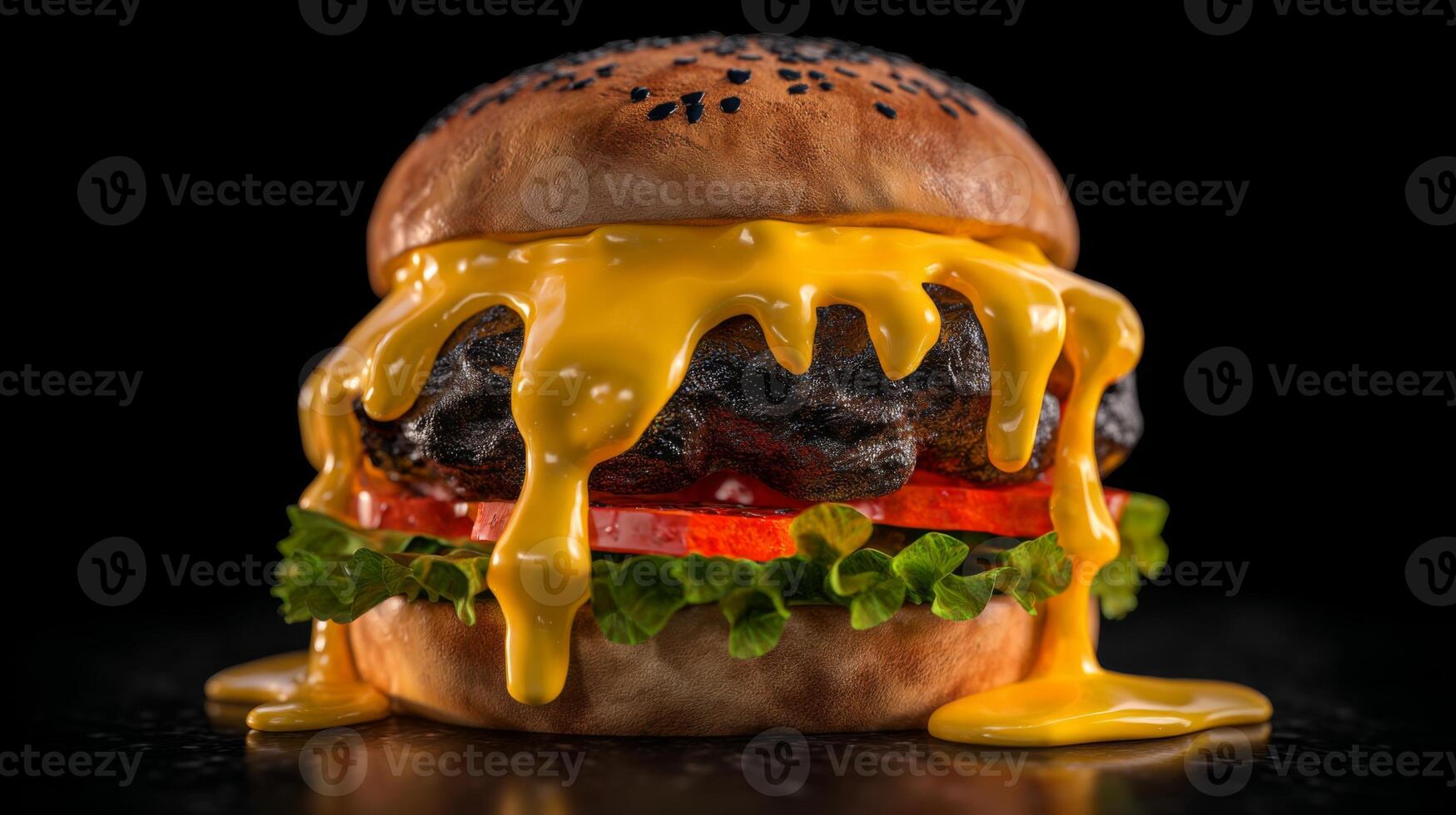 Delicious cheeseburger with melted cheese, vegetables, and sesame seed bun on a dark background for food photography photo