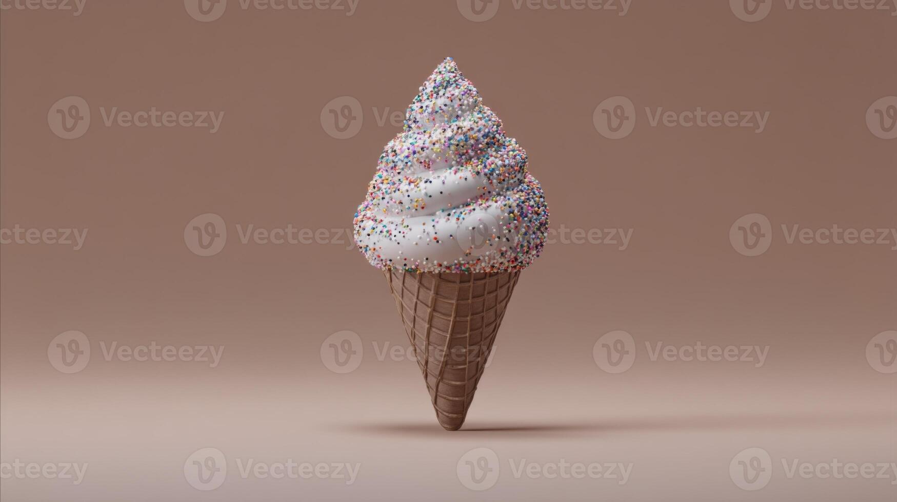 Delicious ice cream cone with fluffy swirl topped with colorful sprinkles set against a minimalistic neutral background photo