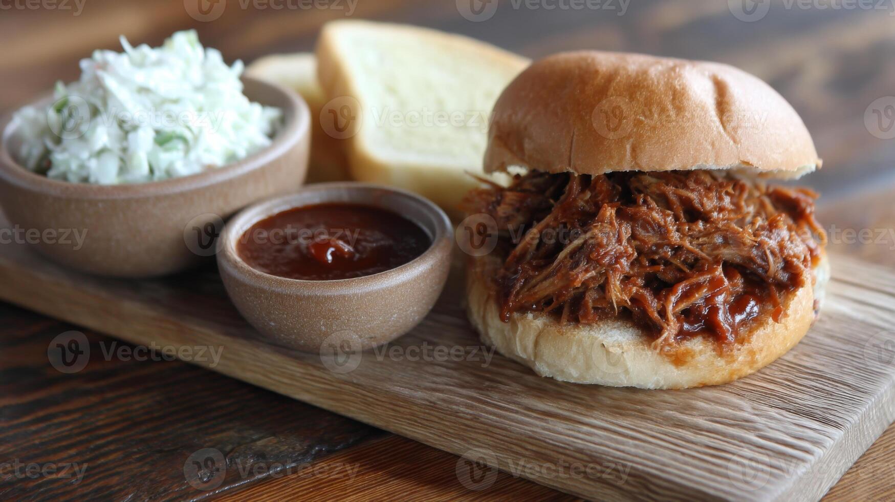 Savory Pulled Pork Sandwich with Coleslaw and Bread on Rustic Wooden Platter photo