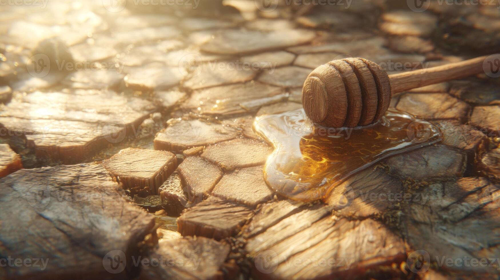 Honey Dripping from Wooden Dipper on Rustic Wooden Surface in Soft Natural Light photo