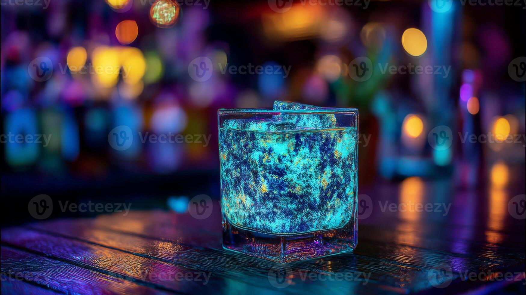 Vibrant Neon Cocktail on Wooden Bar in a Dimly Lit Lounge with Colorful Bokeh in Background photo