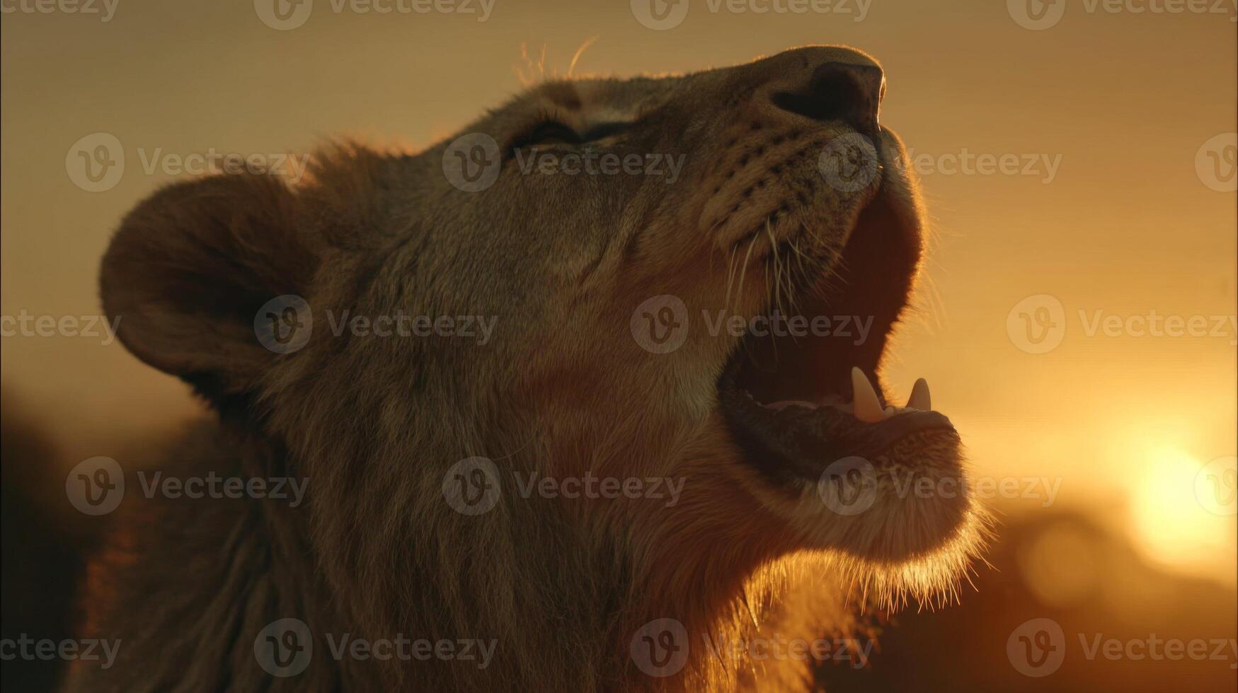 Majestic Lion Roaring Against Golden Sunset in African Savannah Capturing Power and Beauty of Wildlife photo