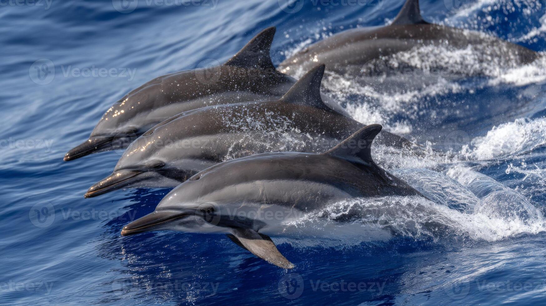 Playful Dolphins Swimming in Crystal Clear Ocean Water Creating Splashes and Bubbles Under Bright Sunny Sky photo