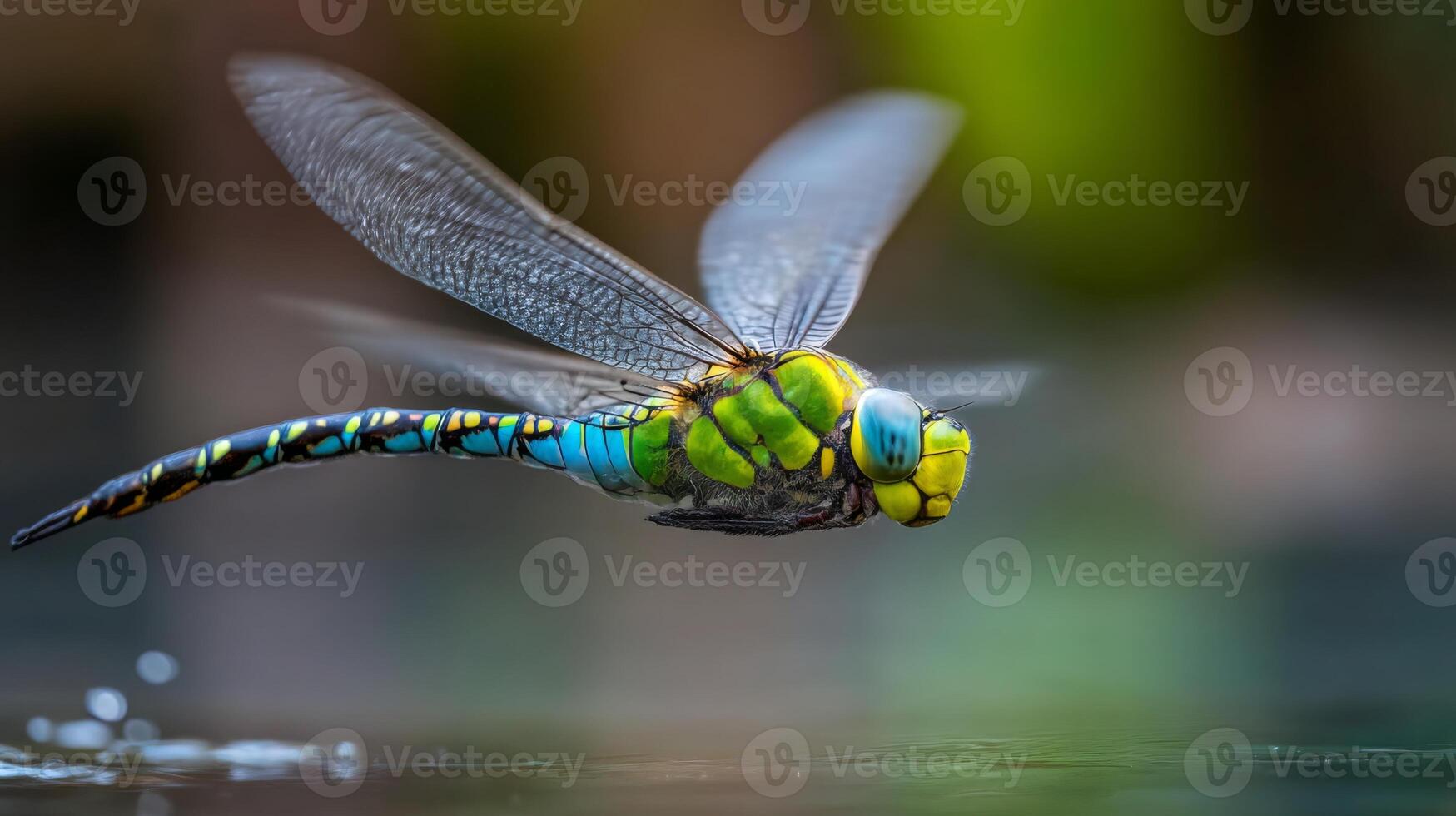 Vibrant Dragonfly Hovering Above Calm Water Surface in Natural Habitat Capturing Brilliant Colors and Intricate Details photo