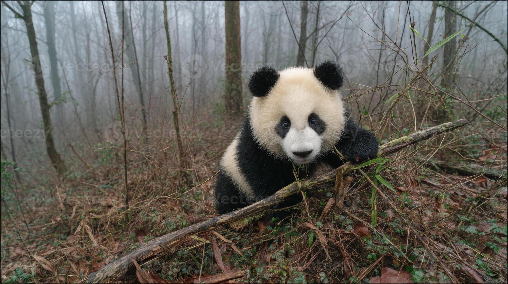 Adorable giant panda cub climbs on a fallen branch in a misty bamboo forest, showcasing its playful and curious nature photo