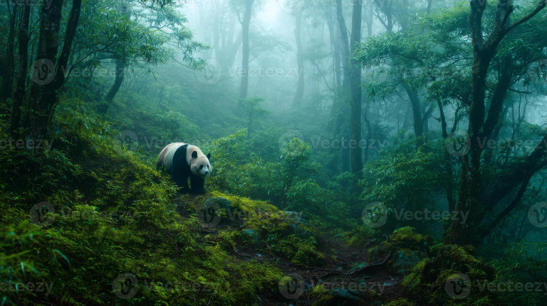 Majestic Panda Walking Through Lush Green Forest in Misty Mountain Landscape photo