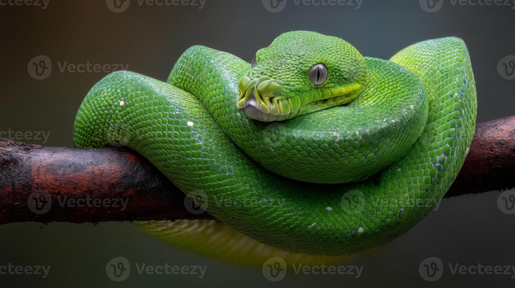 Close-up of a Vibrant Green Snake Coiled on a Branch in a Natural Habitat with Soft Focus Background photo
