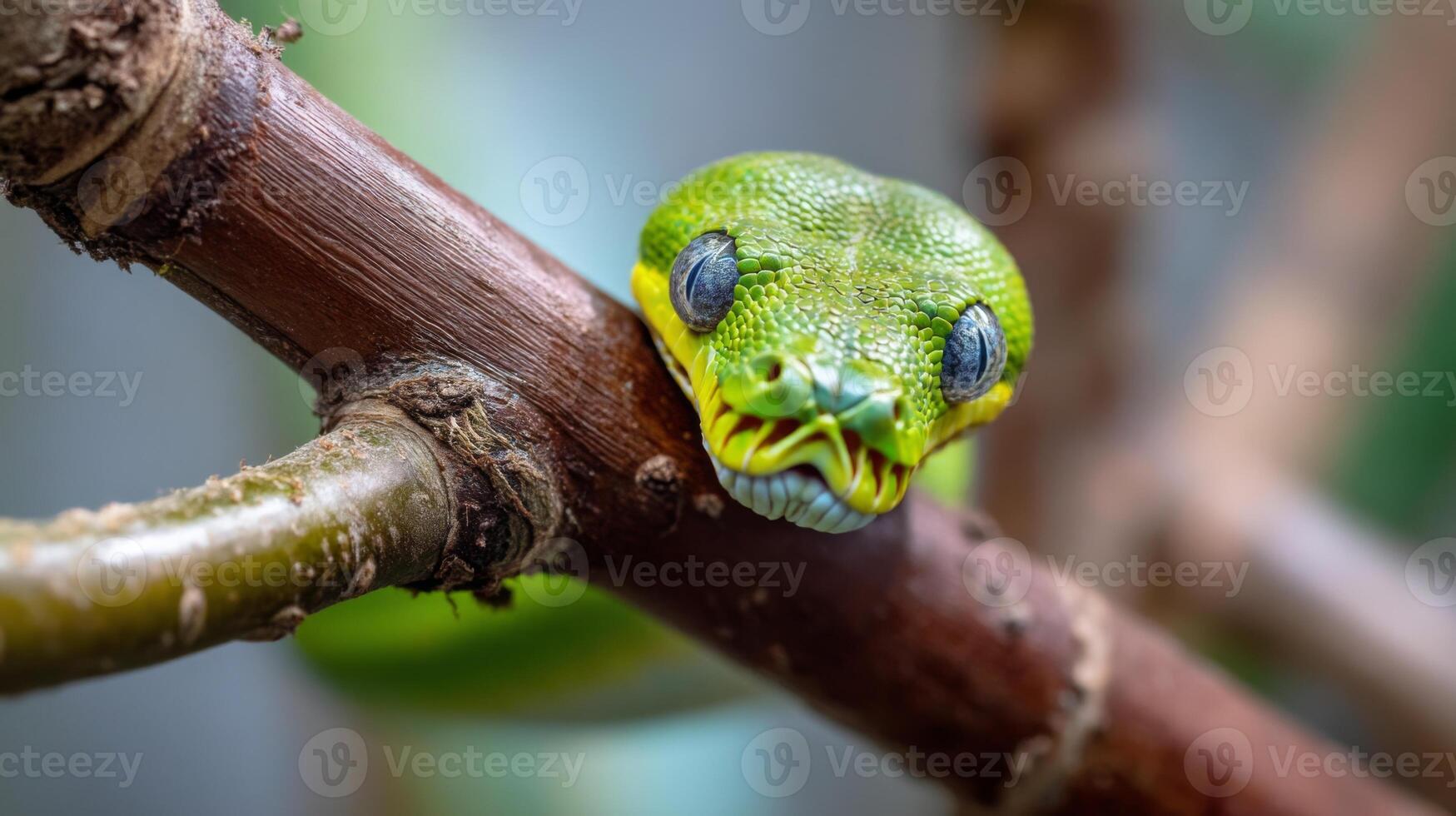 Vibrant Green Snake with Distinct Features Crawling on Branch in Lush Natural Habitat Surrounded by Blurred Background Elements photo
