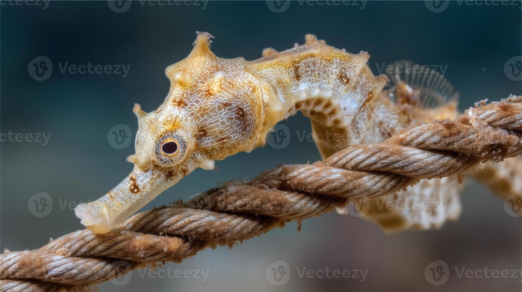 Close-up of a unique seahorse resting on a thick rope in vibrant underwater habitat showcasing intricate details and textures photo