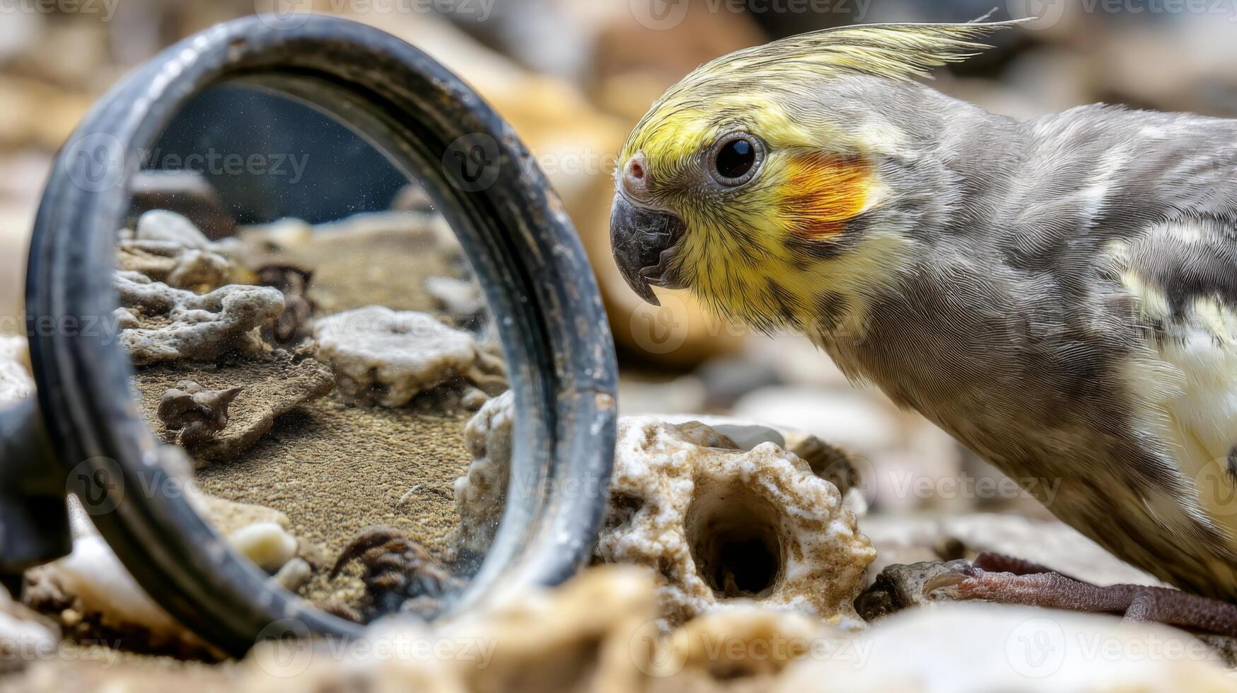 Curious cockatiel bird examining reflection in magnifying glass on sandy surface with sea shells and natural textures photo
