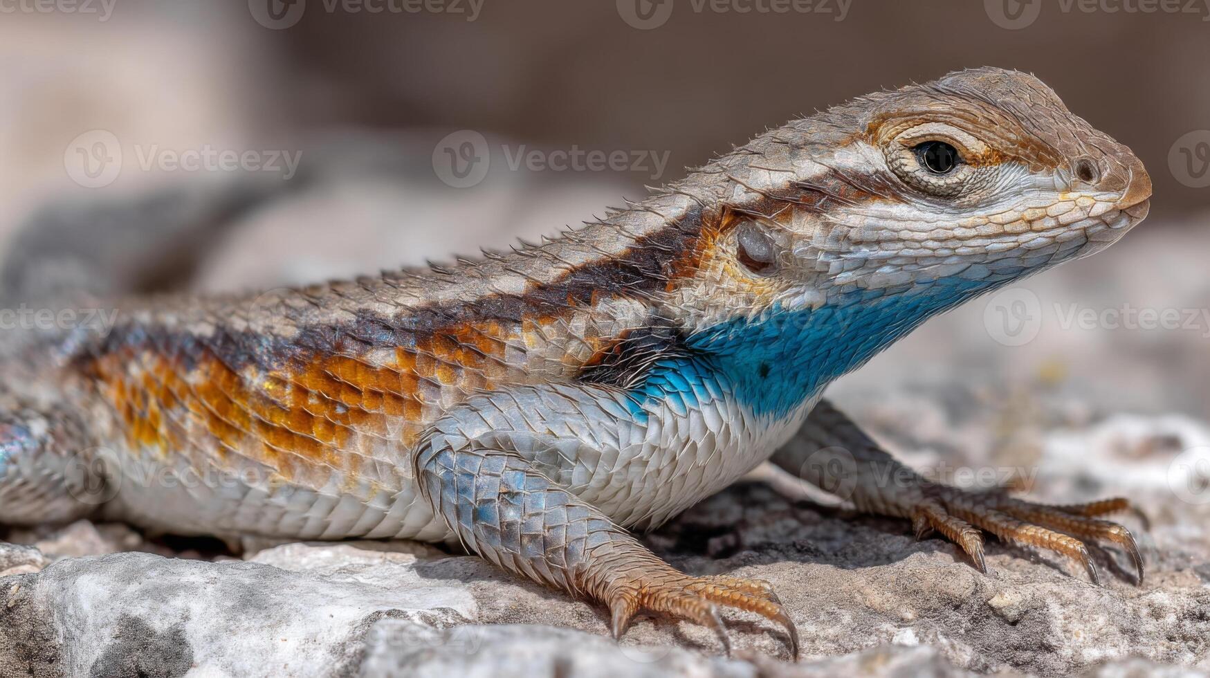 Colorful lizard basking on rocky surface with vibrant scales and clear features in natural habitat under bright sunlight photo
