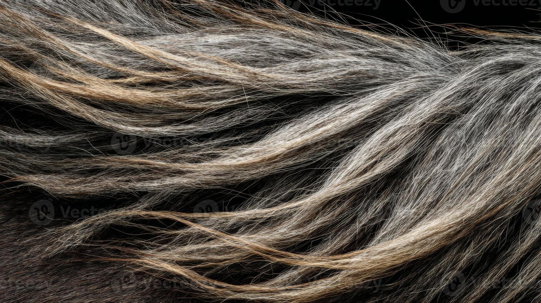 Close-up of Flowing Textured Hair with Shades of Grey and Light Highlights on a Dark Background photo