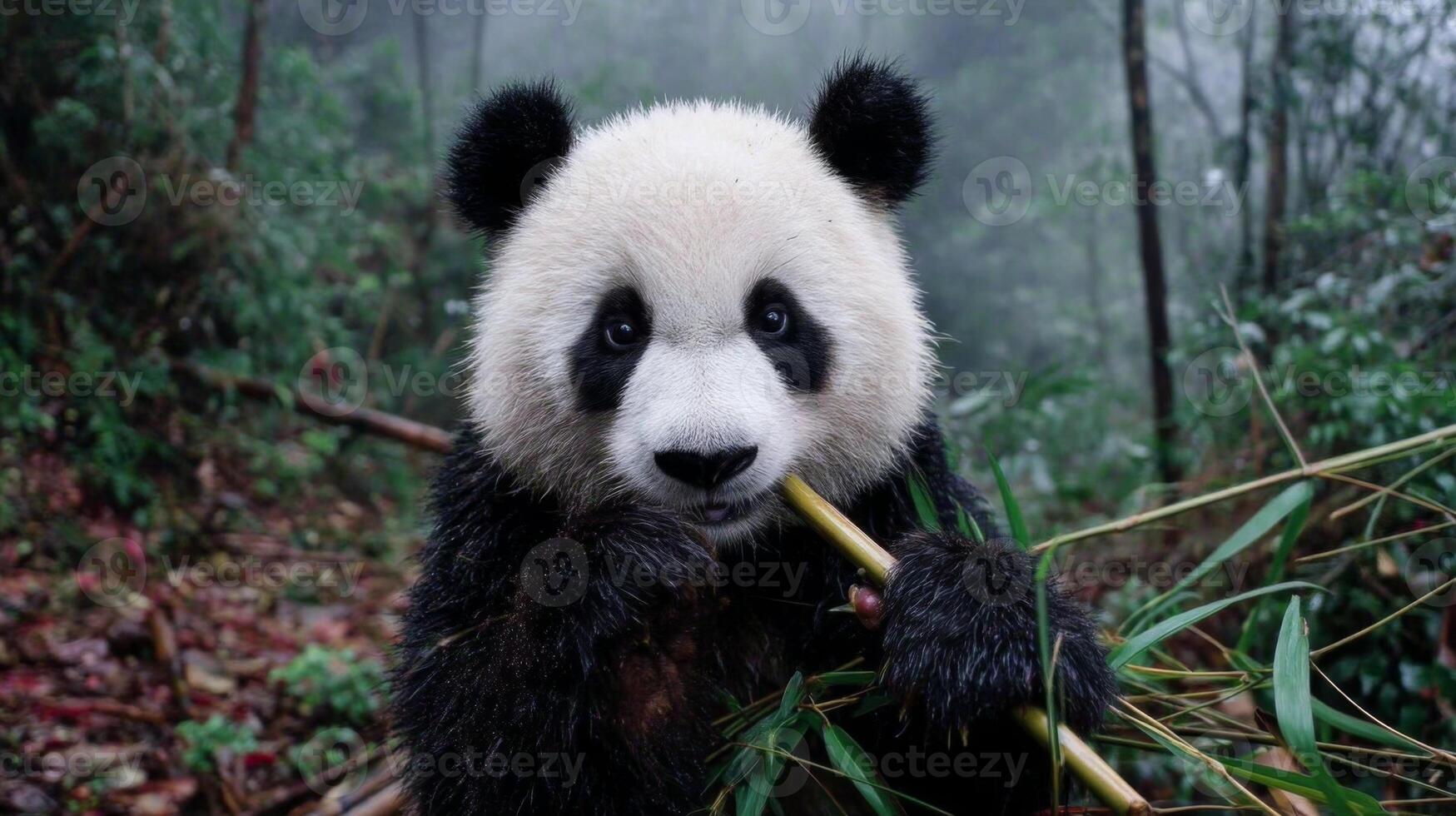 Playful giant panda chewing bamboo in lush green forest, with misty background creating serene and enchanting atmosphere photo