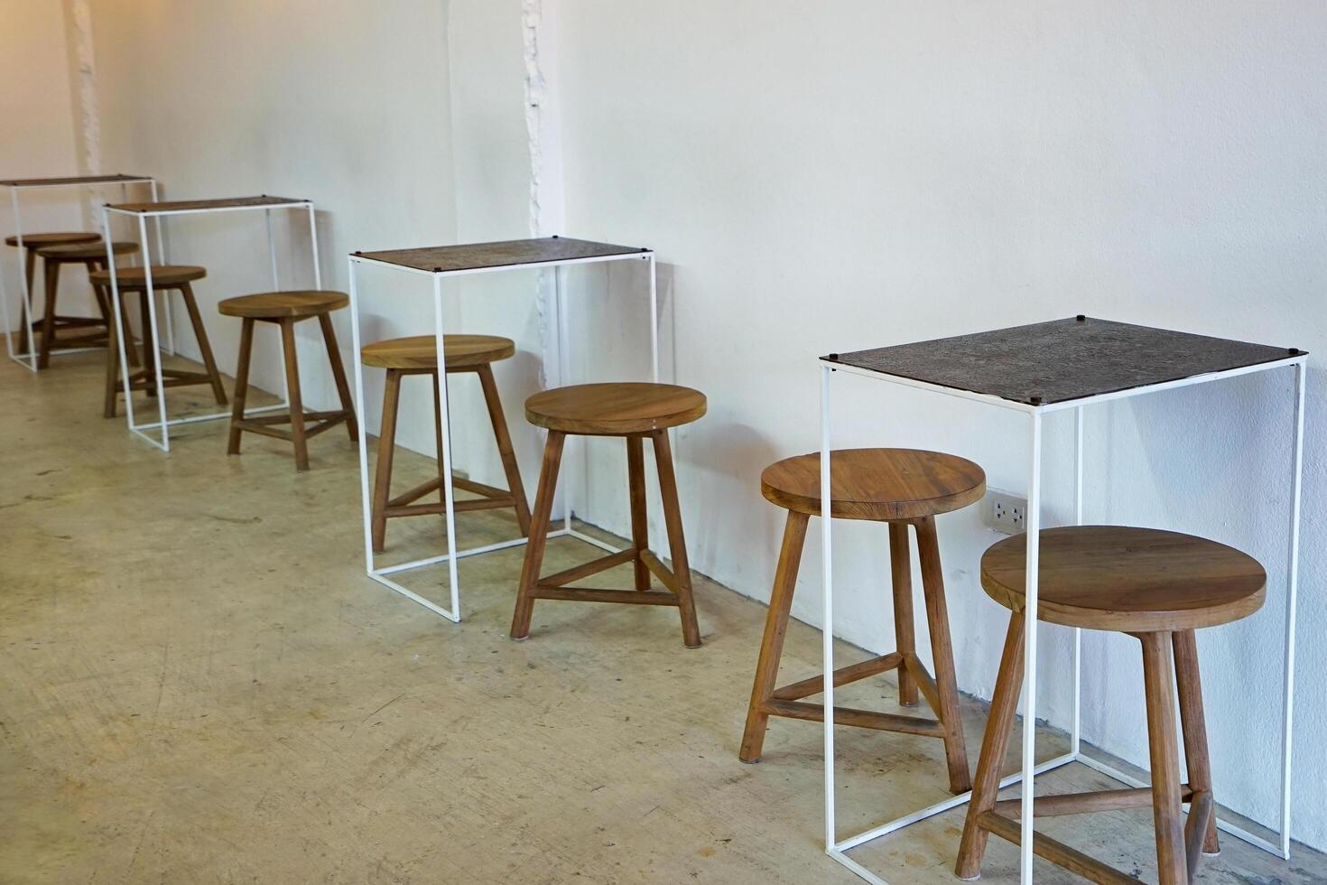 Interior cafe and design decorated with wooden furniture in industrial style photo