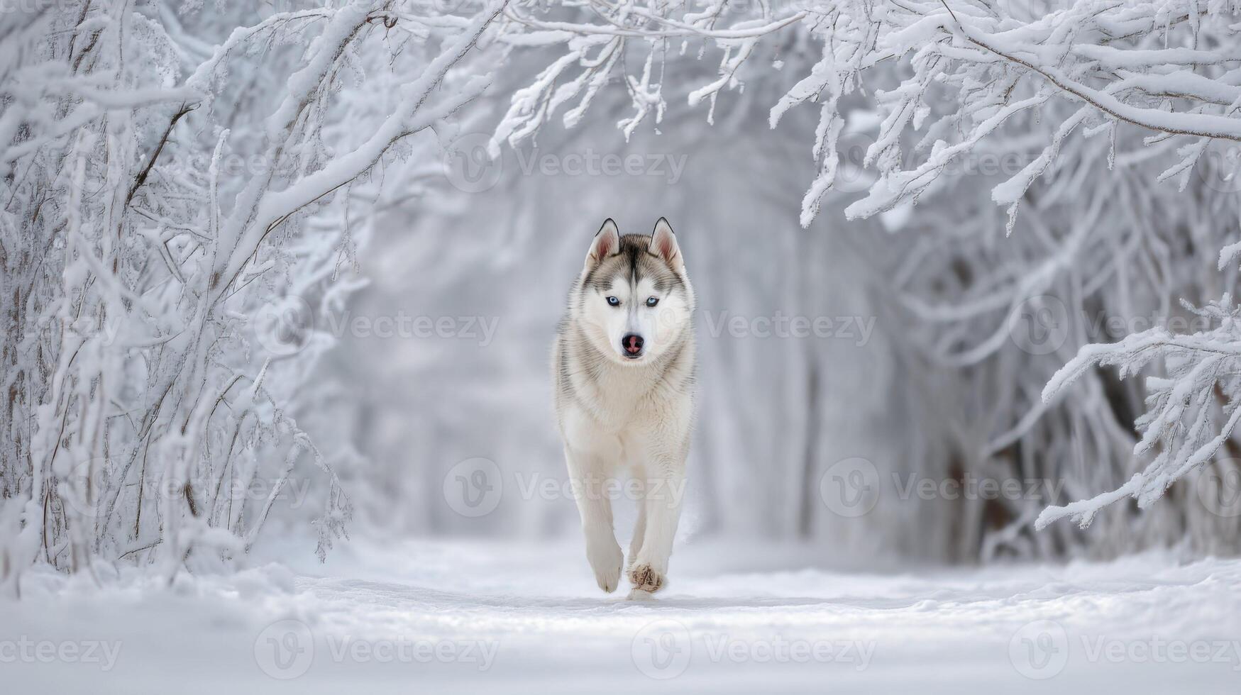 Majestic Siberian Husky Running Through Snowy Forest Path with Frosted Trees and Glimmering White Snow in Winter Wonderland Scene photo