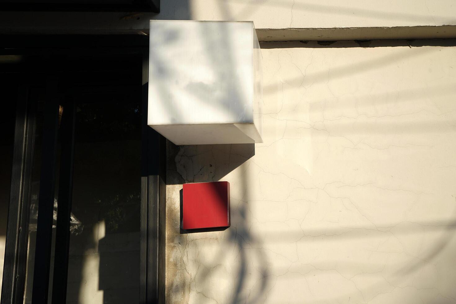 Exterior store design and front decoration of coffee cafe and restaurant decorated with cube shaped lamp and metal frame gate photo