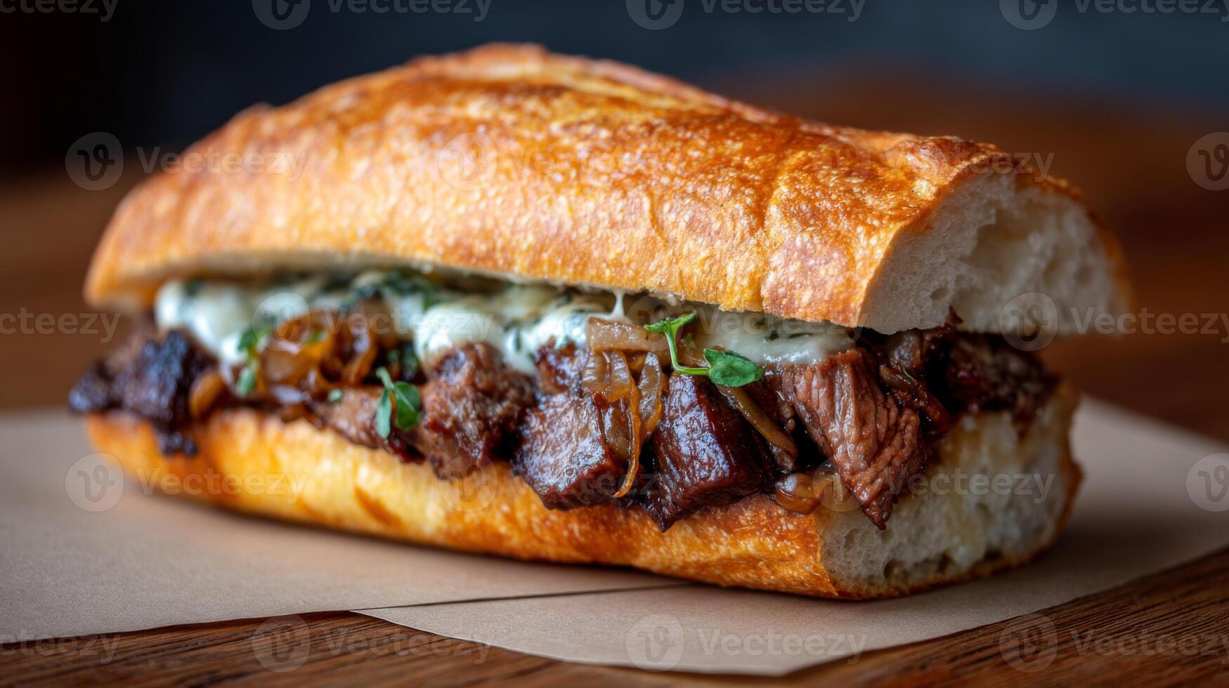 Delicious gourmet beef sandwich with melted cheese and fresh herbs on rustic wooden table setting photo