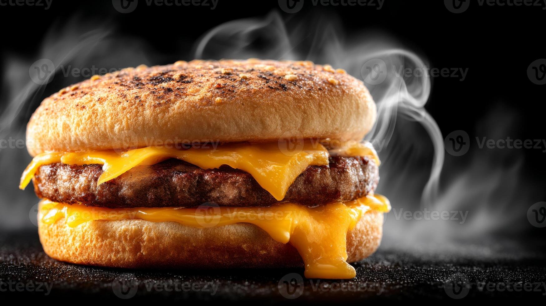 Delicious cheese burger with melted cheese and smoky steam, captured against a dark backdrop, perfect for food lovers and culinary art photo