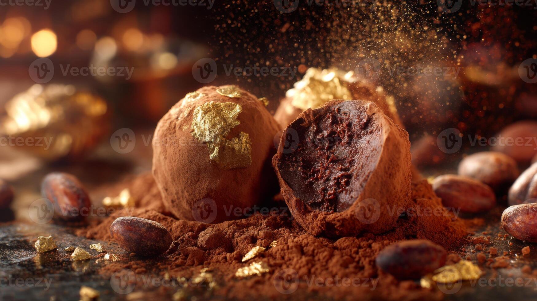 Luxurious Chocolate Truffles with Gold Flakes and Cocoa Powder in an Artistic Arrangement on a Dark Background photo