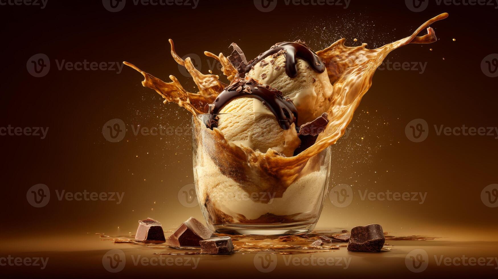 Exciting Burst of Chocolate Sauce and Ice Cream in Glass with Splashes and Chunks on Brown Background photo