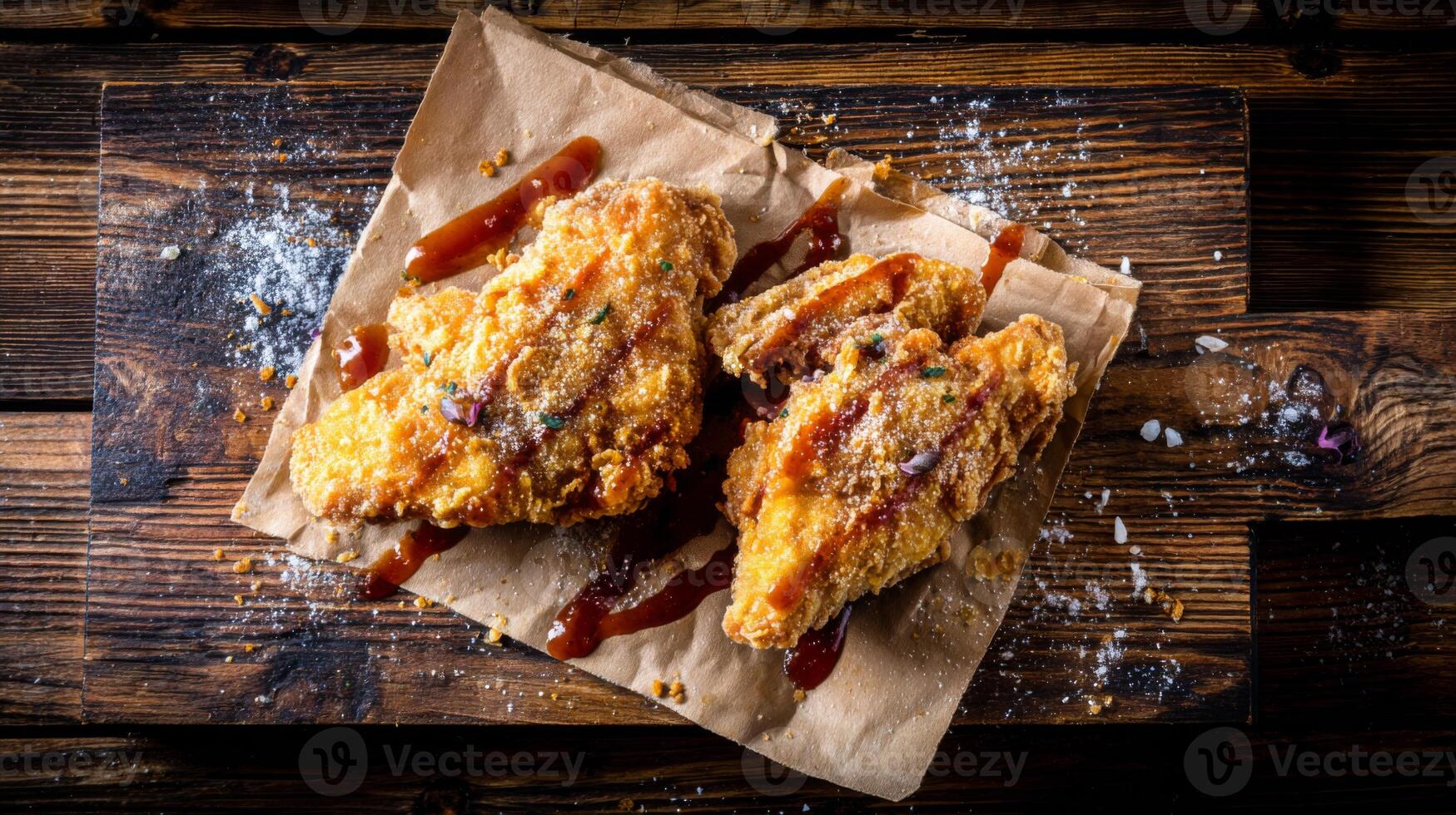 Crispy Fried Chicken Wings with Barbecue Sauce and Spices on Rustic Wooden Table Background photo