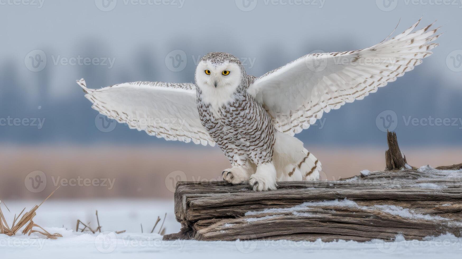 Majestic snowy owl spreading wings on a snowy landscape with log in foreground and blurred background scenery photo