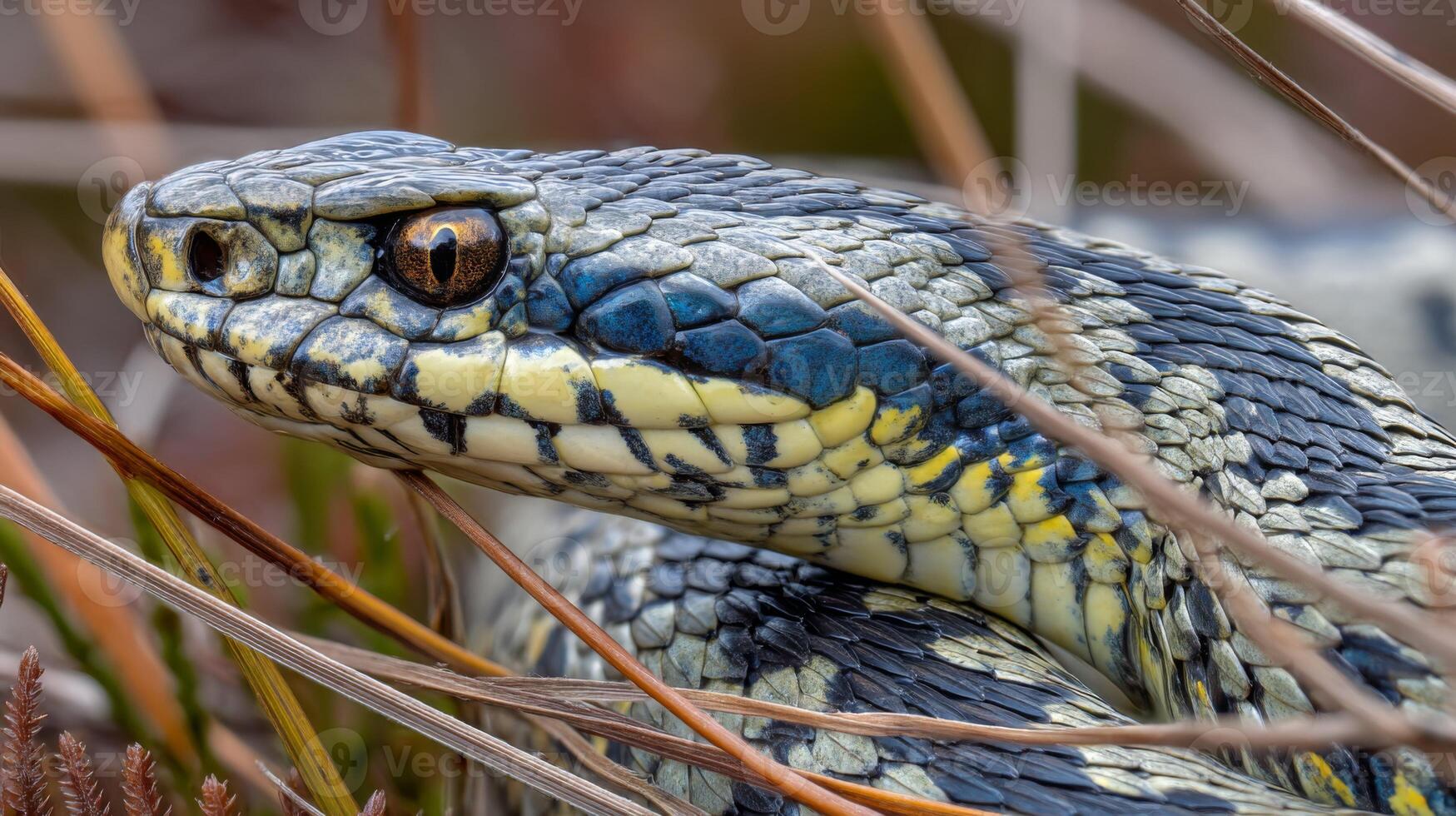Close-up of a Colorful Snake Blending into Natural Habitat with Intricate Scales and Piercing Eyes in a Lush Environment photo