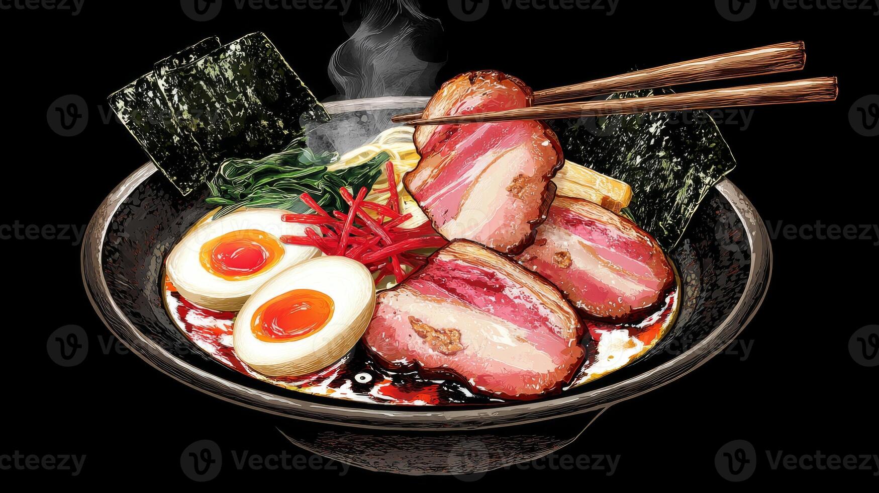 Delicious bowl of ramen with thick slices of meat, garnished with vegetables, eggs, and seaweed, steaming hot and inviting photo