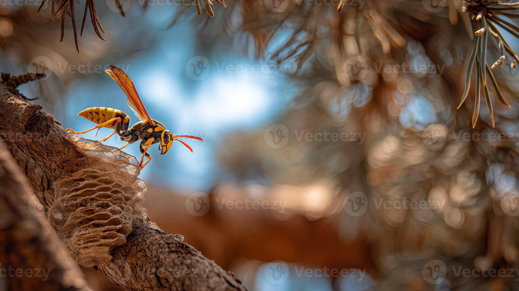 Close-Up View of a Yellow Wasps Nest with a Wasp Gathering Honey on a Pine Tree Branch in Bright Natural Light photo