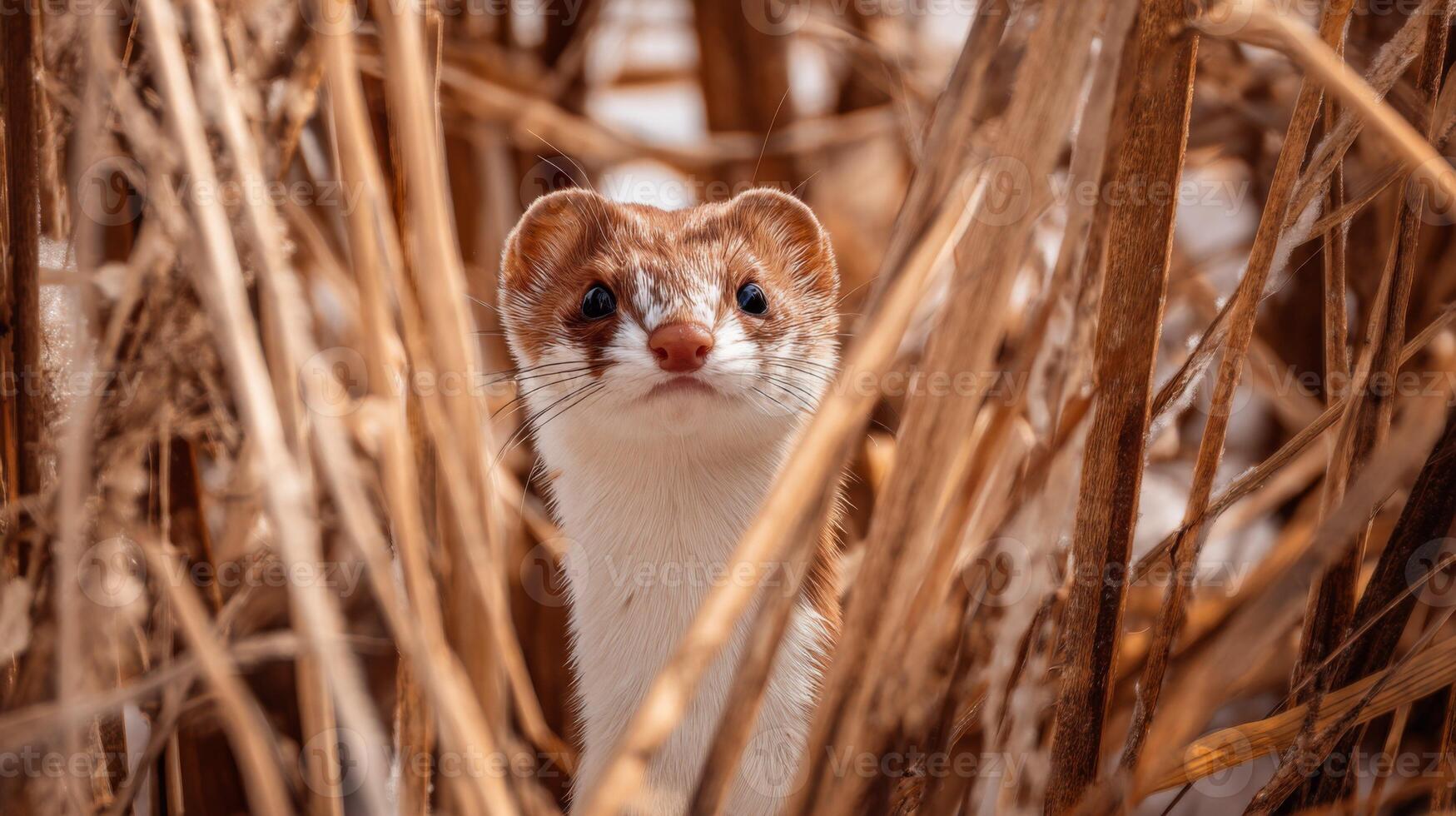 Curious Weasel Peeking Through Tall Grass and Dried Plants in a Natural Habitat During Winter Season photo