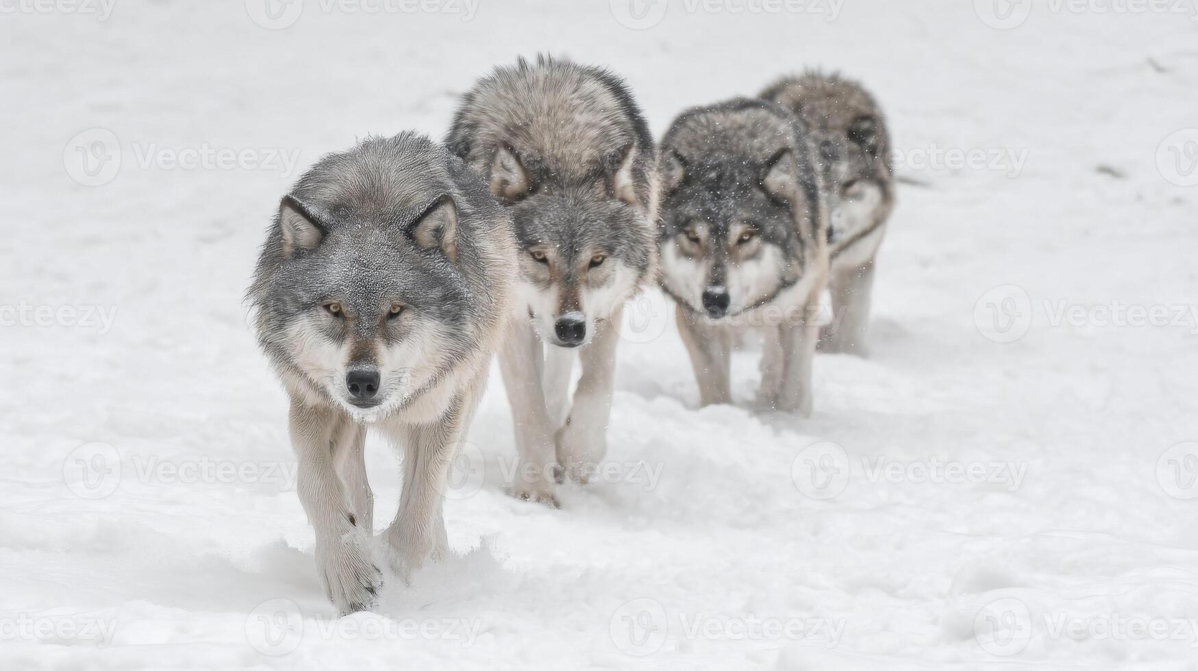 Three Majestic Wolves Walking Through Fresh Snow in a Serene Winter Landscape photo