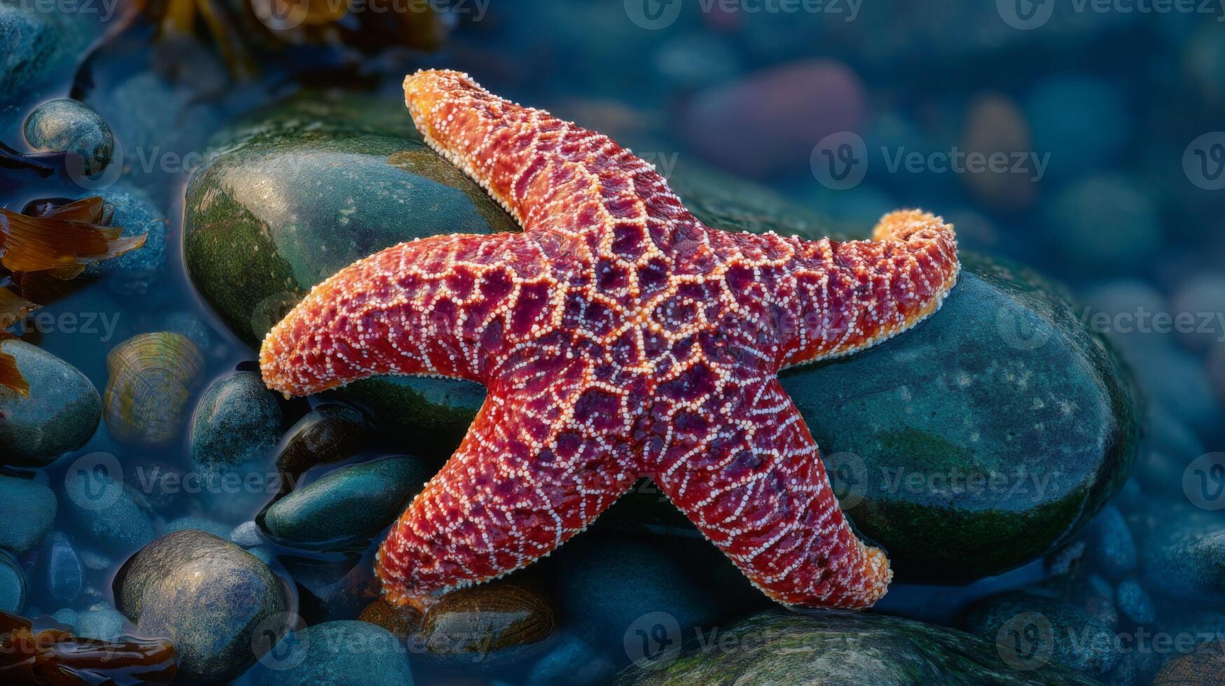 Vibrant Red Starfish Resting on Smooth Pebbles Under Clear Water of Coastal Shoreline in Natural Marine Habitat photo