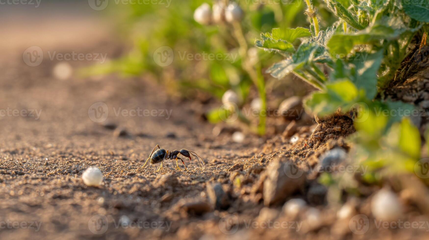 Close-Up of an Ant Crawling on the Ground Next to Green Plants in a Natural Outdoor Environment During Golden Hour photo