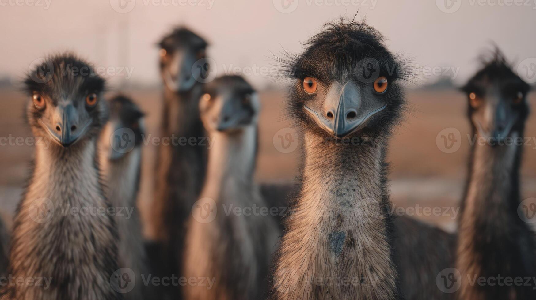 Group of Emus Observing the Environment in Their Natural Habitat at Sunrise with Warm Soft Light and Gentle Hills in Background photo
