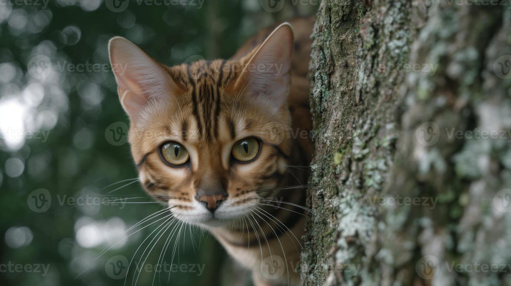 Majestic Bengal Cat Perched on Tree Trunk with Intricate Fur Patterns and Intense Green Eyes Surrounded by Nature photo